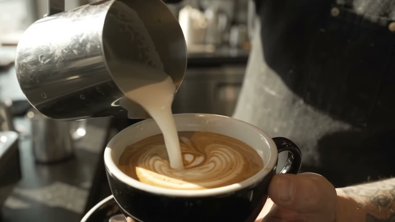 Flow AI Video example: a barista pouring latte art in a sunlit cafe