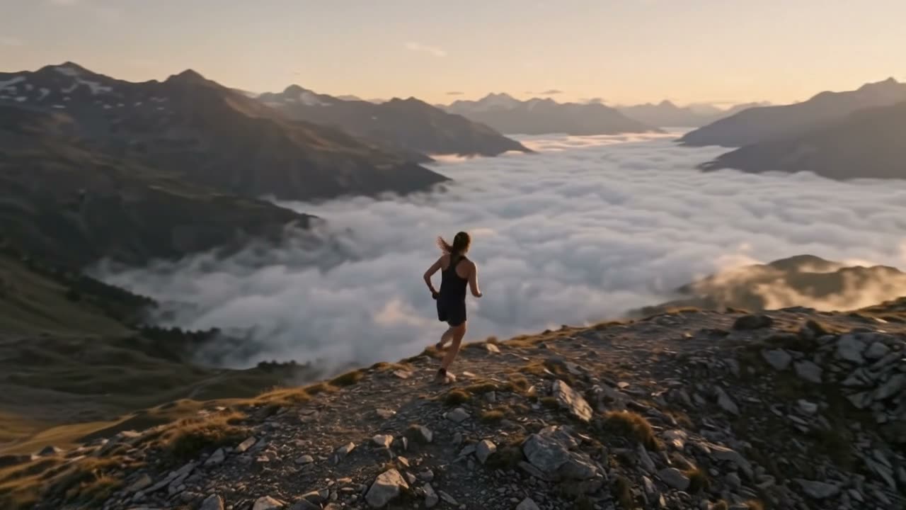 Flow AI Video example: a trail runner cresting a ridge above a misty valley